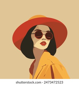 Stylish Woman Posing with Red Hat, Modern Glasses, Beautiful Lady