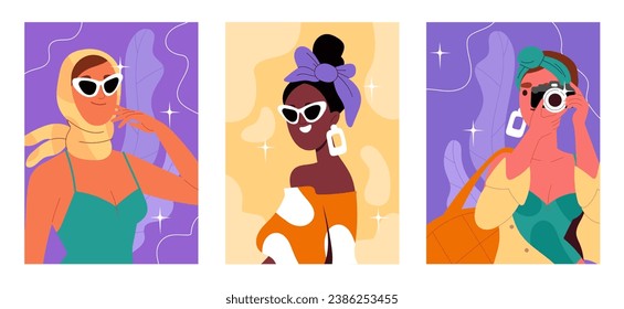 Stylish woman posters set. Trendy young girls in sunglasses. Fashion and style. Beauty magazine covers. Aesthetics and elegance. Cartoon flat vector collection isolated on white background