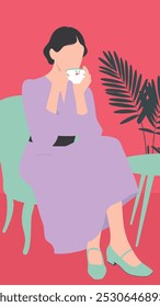 A stylish woman in a purple dress enjoys a cup of tea while sitting on a mint green chair. The minimalist illustration features a palm leaf in the background, adding a touch of tropical charm.