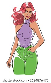 Stylish woman in a purple turtleneck top and green pants, standing confidently. This chic digital drawing shows an attractive young female with pink hair.