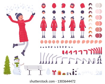 Stylish woman in a red down jacket clothes character creation set. Full length, different views, emotions, gestures. Women winter outfit. Build own design. Vector illustration