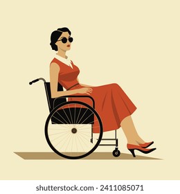 A stylish woman in a red dress sits in a wheelchair in this vector illustration.