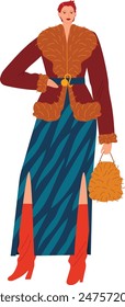 Ilustración de moda del pelo rojo de la mujer elegante, traje moderno, abrigo de piel, rojo, bolso. Mujer de moda, elegante chaqueta de piel, estilo de moda, gráfico, concepto de moda