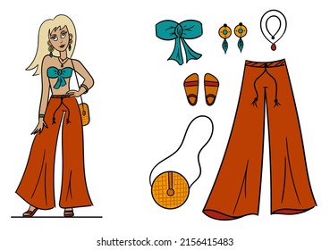 A stylish woman and a set of clothes in boho style