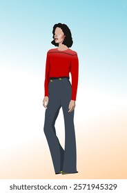 Stylish woman shoacwcasing trendy outfit with red top and grey bell-bottom pants, posing against a gradient backdrop