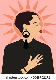 Stylish woman with short hair and large earrings is relaxed and dreams against the backdrop of the sun. Fashionable girl with a bracelet on her hand is engaged in mental health. Vector.