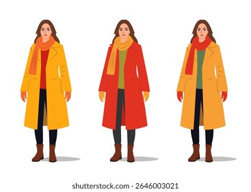Stylish woman showcasing three different outfits in vibrant colors during the autumn season. Vector illustration.