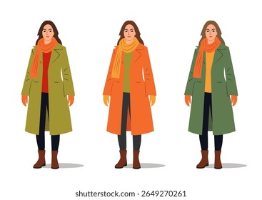 Stylish woman showcasing three different outfits in vibrant colors during the autumn season. Vector illustration.