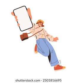 Stylish woman showing smartphone with blank screen for copy space, flat cartoon vector illustration. Isolated female character with mobile phone holding in hands. Cellphone for advertisement