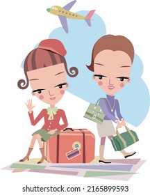 A stylish woman sits in her travel case at the airport, while her friend stands next to her with her travel bag.vector illustration