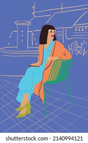 Stylish woman sits on chair and relax outdoors, city on background. Vector illustration. Concept of fashion and lifestyle