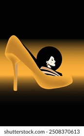 Eine stylische Frau sitzt in einem übergroßen High-Heel-Schuh in einer surrealen Illustration.