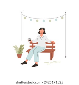 Stylish woman sitting on bench with a cup of coffee. Abstract simple imitation of park with light bulbs and plant in pot. Young female resting outside. Vector summer illustration.