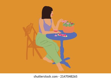 Stylish woman sitting on wooden chair by the round table with flowers, and enjoy some snacks. Vector illustration isolated on backround