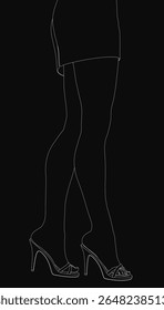 Uma mulher elegante com um vestido preto elegante e saltos altos posa elegantemente contra um fundo escuro, suas pernas acentuadas neste retrato preto e branco impressionante.