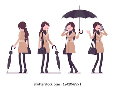Stylish woman standing with umbrella, wearing autumn clothes, classic short beige coat, accessories. Fall outfits for women concept. Vector flat style cartoon illustration isolated on white background