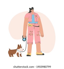 Mujer elegante con perro corredizo. Muchacha caminando con cachorro aislado en un fondo blanco. Caminador profesional de mascotas con animal doméstico. Ilustración de carácter vectorial del cuidado y entrenamiento de mascotas