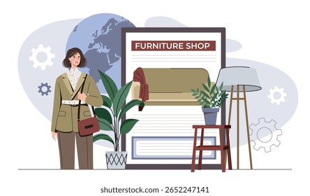 A stylish woman stands near a furniture shop display with sofa, plants, and decor items. Flat design style on white with globe and gears. Concept of shopping. Vector illustration