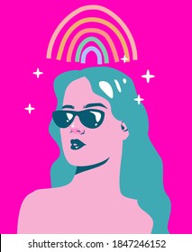 Stylish woman in sunglasses on pink background, sparkles and rainbow rays around her. Fashion minimal illustration.