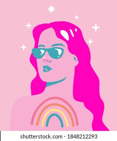 Stylish woman in sunglasses on pink background, sparkles and rainbow rays around her. Fashion minimal illustration.