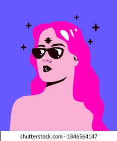 Сlassy and stylish woman in sunglasses with pink hair and sparkles around her.