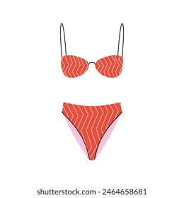 Stylish woman swimsuit. Fashionable female swimwear with geometric pattern, colorful flat bikini top and thongs bottom. Vector illustration.
