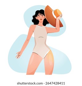 Stylish woman in a swimsuit holding a wide-brimmed hat, enjoying a sunny day. Isolated image on white background.