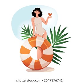 Stylish woman in a swimsuit holding a wide-brimmed hat, enjoying a sunny day. Isolated image on white background.