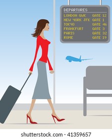 stylish woman travelling through a busy airport