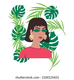 Stylish woman with tropical plants and trendy glasses vector t-shirt fashion design RH+