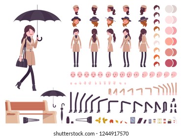 Stylish woman with umbrella, autumn beige coat character creation set, fall outfit. Full length, different views, emotions, gestures. Build your own design. Vector illustration