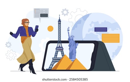 A stylish woman using her smartphone for travel planning as famous landmarks emerge from the screen. Digital travel concept on a white background