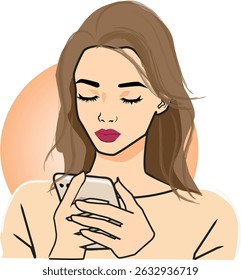 
Stylish woman using smartphone, minimal line art illustration