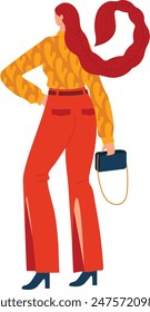 Ilustración vectorial de mujer con estilo, trenza de pelo rojo, blusa con estampado amarillo. Mujer de moda cargando bolso, usando pantalones rojos, tacones altos. Conjunto de mujer de Vector moderno, elegancia, blanco aislado