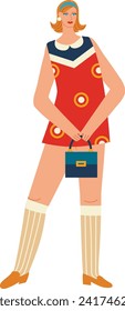 Stylish woman in vintage 60s fashion holding a purse. Confident retro female character with headband. 1960s fashion and women s empowerment vector illustration.