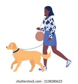 Stylish woman walking dog on street semi flat color vector characters. Walking figures. Full body person on white. Celebrity simple cartoon style illustration for web graphic design and animation