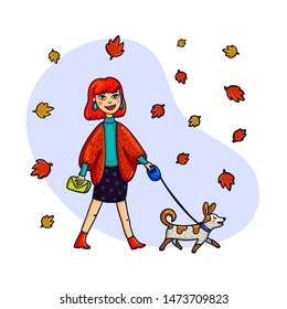 Stylish Woman walking with a dog. Vector illustration in a flat style