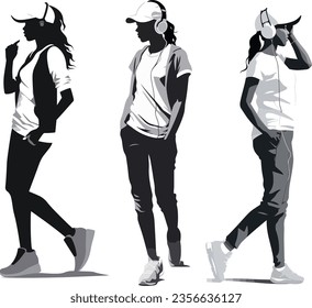 A stylish woman walking with headphones, people silhouette, pop style