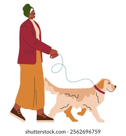 Stylish woman walking her dog. Leisure activity in casual attire. Urban pet care routine. Vector illustration.