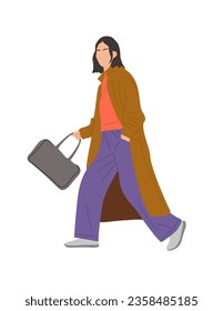 Stylish woman walking side view. Pretty girl in modern smart casual autumn or winter outfit, warm clothes, pants and coat. Street fashion. Vector realistic illustration isolated on white background