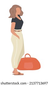 Stylish woman with wavy brown hair and big red bag semi flat color vector character. Standing figure. Full body person on white. Simple cartoon style illustration for web graphic design and animation
