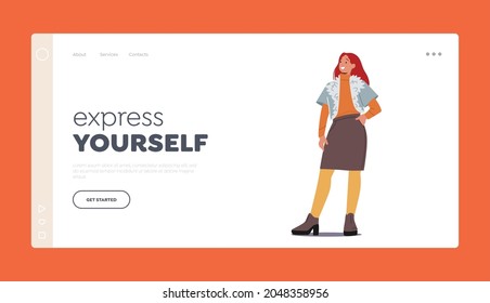 Stylish Woman Wear Fashion Outfits Landing Page Template. Young Female Character in Modern Fall Casual Clothes Jacket with Fur Collar, Sweater and Skirt with Wool Tights. Cartoon Vector Illustration