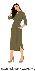 Mujer elegante con ropa de moda. Chica vestida de oficina con un estilo moderno y moderno. Hembras con vestido verde formal o informal, apariencia de negocio. Ilustración realista del vector de caracteres.