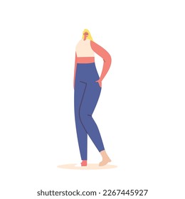 Stylish Woman Wearing Fashion Outfits Tank Top and Jeans Posing Isolated on White Background. Young Blonde Fit Female Character in Modern Summer Casual Clothes. Cartoon Vector Illustration