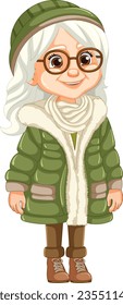 Eine stilvolle Frau mit Brille, einem Mützenmütze und einem Parka-Pelzmantel für den Winter