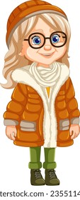 Eine stilvolle Frau mit Brille, einem Mützenmütze und einem Parka-Pelzmantel für den Winter