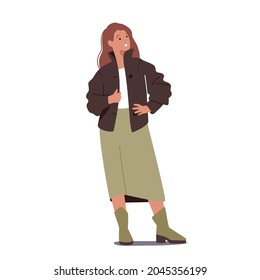 Stylish Woman Wearing Suede or Leather Jacket, Long Skirt and Boots. Fashion Outfits for Autumn Season for Girls. Young Female Character in Modern Casual Clothes. Cartoon People Vector Illustration