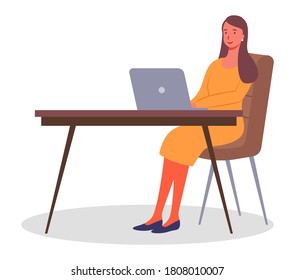 Stylish woman working with laptop. Businessperson sitting at table and typing at computer keyboard. Office worker and modern technology. Working woman wearing dress isolated at white, businesswoman