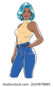 Stylish woman in a yellow turtleneck top and blue pants, standing with a hand in her pocket in a confident pose. This chic digital drawing shows an attractive young female with short blue hair.