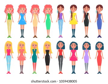 Stylish women in casual and elegant outfits. Fashionable women in dresses and denim jeans. Girls in modern clothes isolated vector illustrations set.